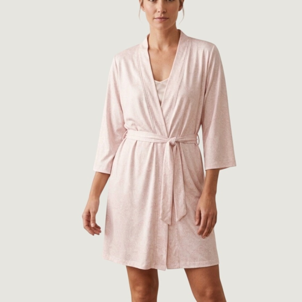 Tahari Womens Pink Paisley Short Wrap Robe 3/4 Sleeve Size Small W51559-653-TSA